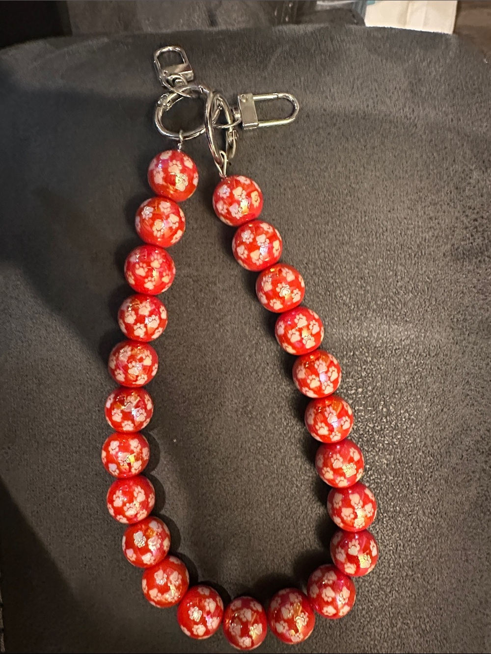 Red Floral Beaded Bag Chain with dog paws accents ! New